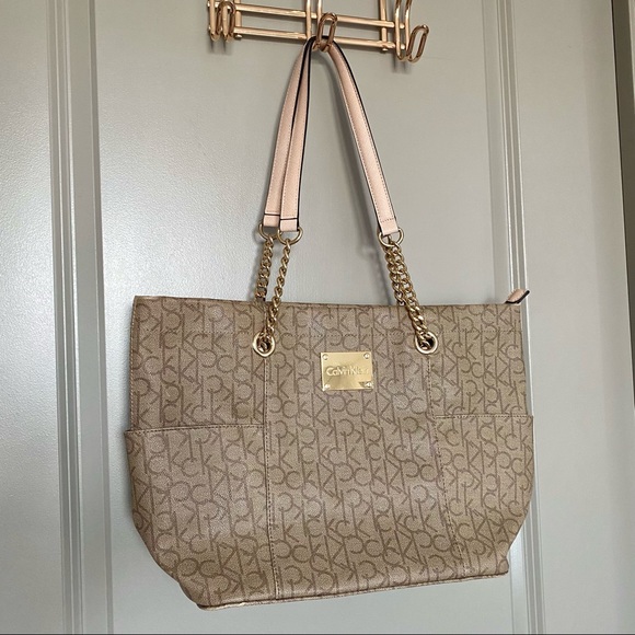 Calvin Klein Tan Logo Tote Bag with Zip Top and Gold Hardware - Picture 4 of 6